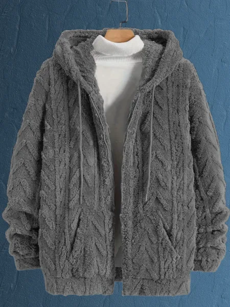 Design Faux Fur Cable Knit Hooded Jacket Gray Outerwear - 10