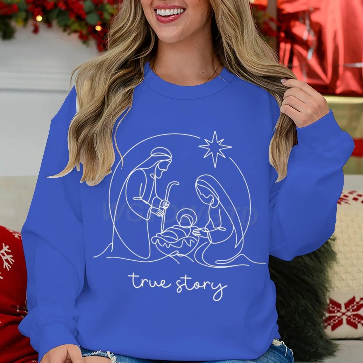 Nativity Scene True Story Blue Crewneck Sweatshirt