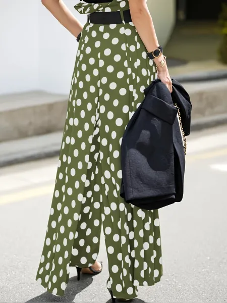 Design Polka Dot Wide-Leg Palazzo Pants Olive Green - 16