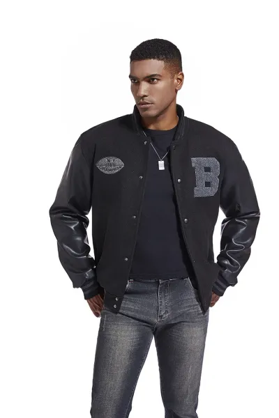 Mitchell & Ness Letterman Jacket Gray Black Outerwear Jacket - 27