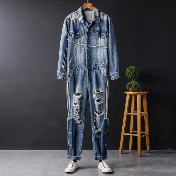 Design Distressed Denim Jumpsuit Blue Sets - 1