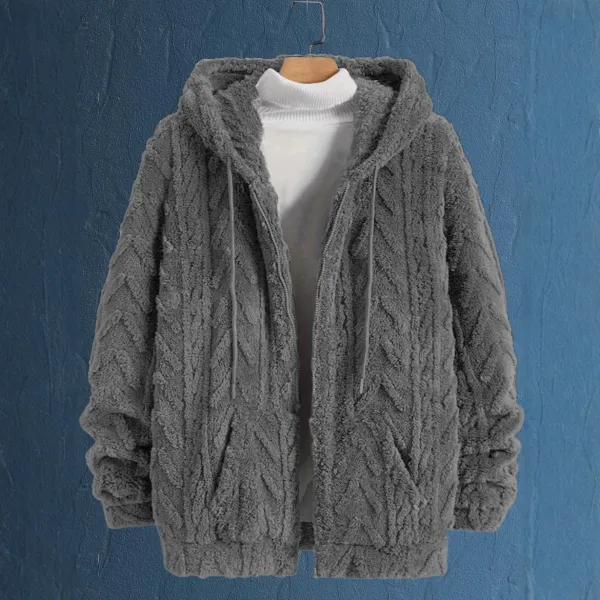 Design Faux Fur Cable Knit Hooded Jacket Gray Outerwear - 1