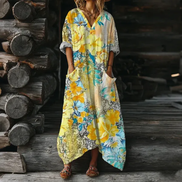 Design Floral Print V-Neck Maxi Dress Yellow Blue Multicolor - 1