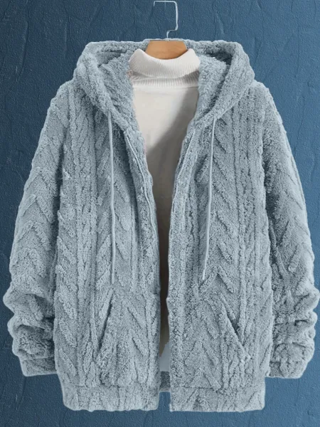 Design Faux Fur Cable Knit Hooded Jacket Gray Outerwear - 3