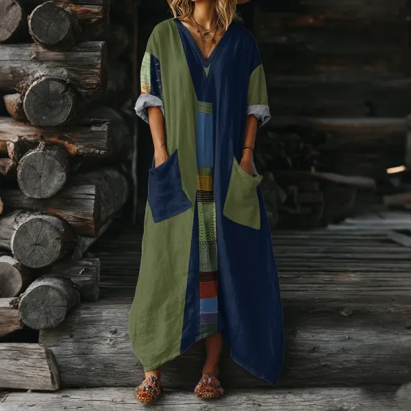 Design Patchwork Maxi Dress in Olive and Navy with Pockets - 1