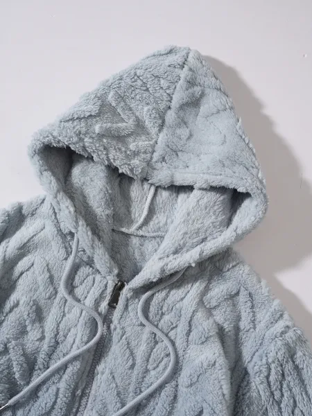 Design Faux Fur Cable Knit Hooded Jacket Gray Outerwear - 5