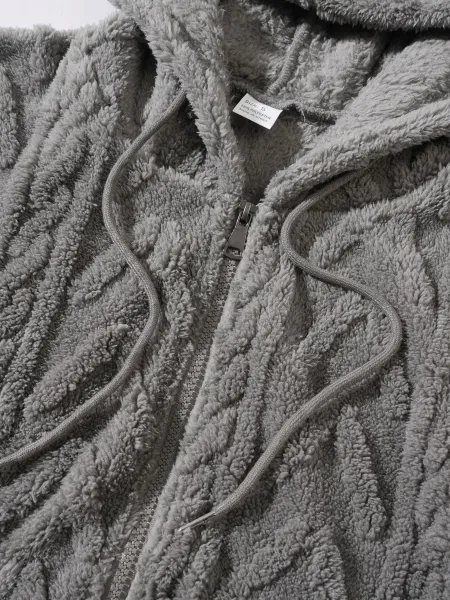 Design Faux Fur Cable Knit Hooded Jacket Gray Outerwear - 15