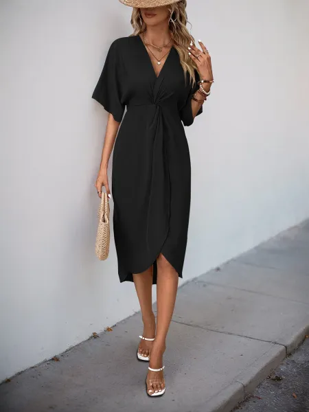 Design Wrap Front V-Neck Midi Dress Burgundy - 4