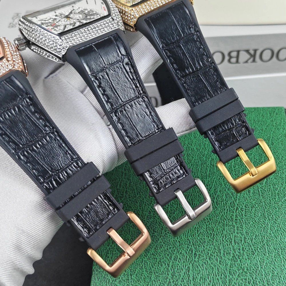 Design Luxury Chrono Diamond-Encrusted Gold Tone Watch with Blue Rubber Strap Watches - 14