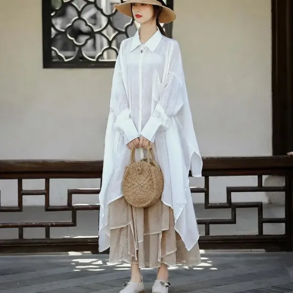 Design Oversized Linen Shirt White + Tiered Skirt Beige + Straw Hat + Woven Bag Handbag - 1