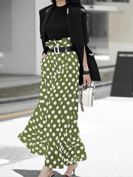 Design Polka Dot Wide-Leg Palazzo Pants Olive Green - 19