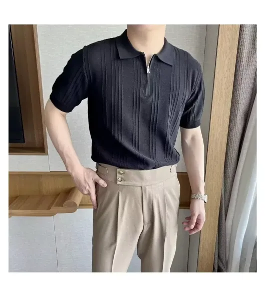 Design Ribbed Zip-Neck Polo Shirt Black Tops Polo - 9