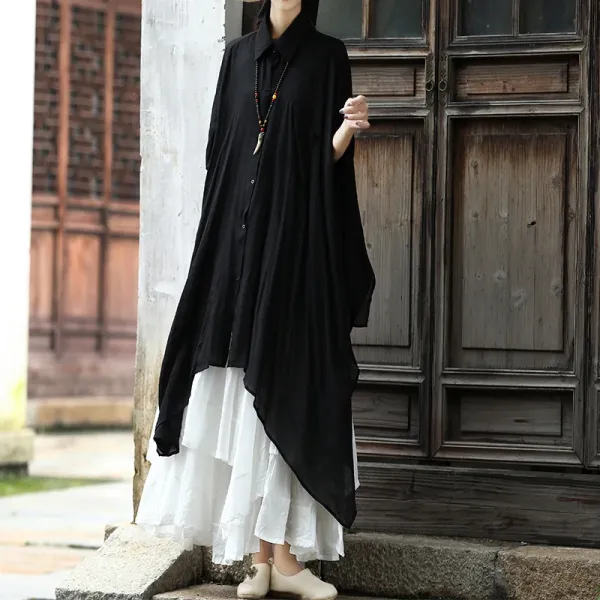 Design Asymmetrical Layered Shirt Dress Black and White - 1