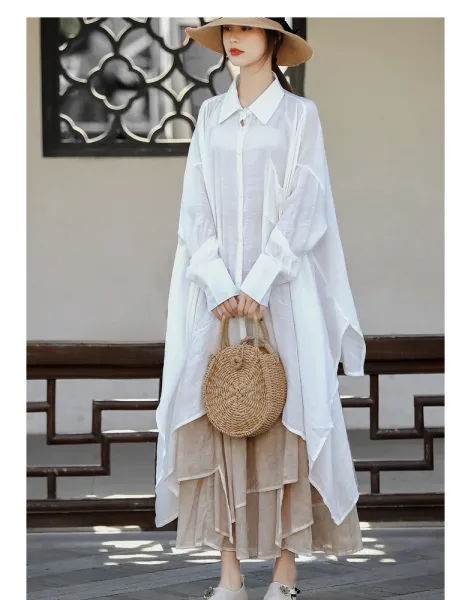 Design Oversized Linen Shirt White + Tiered Skirt Beige + Straw Hat + Woven Bag Handbag - 6