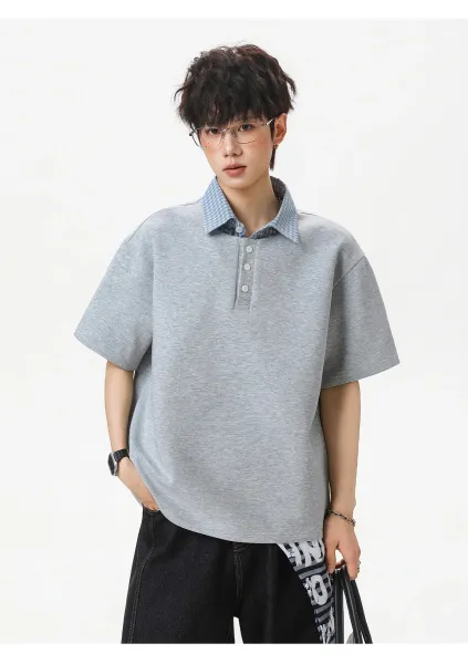 Design Layered Collar Polo Navy Blue Tops Polo - 12