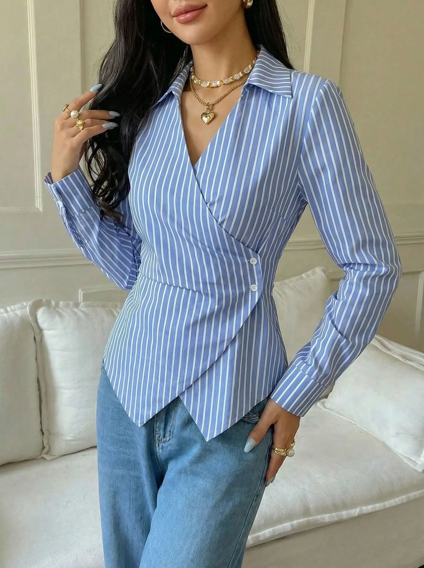 Design Striped Asymmetrical Wrap Shirt Black and White Tops Shirt - 10