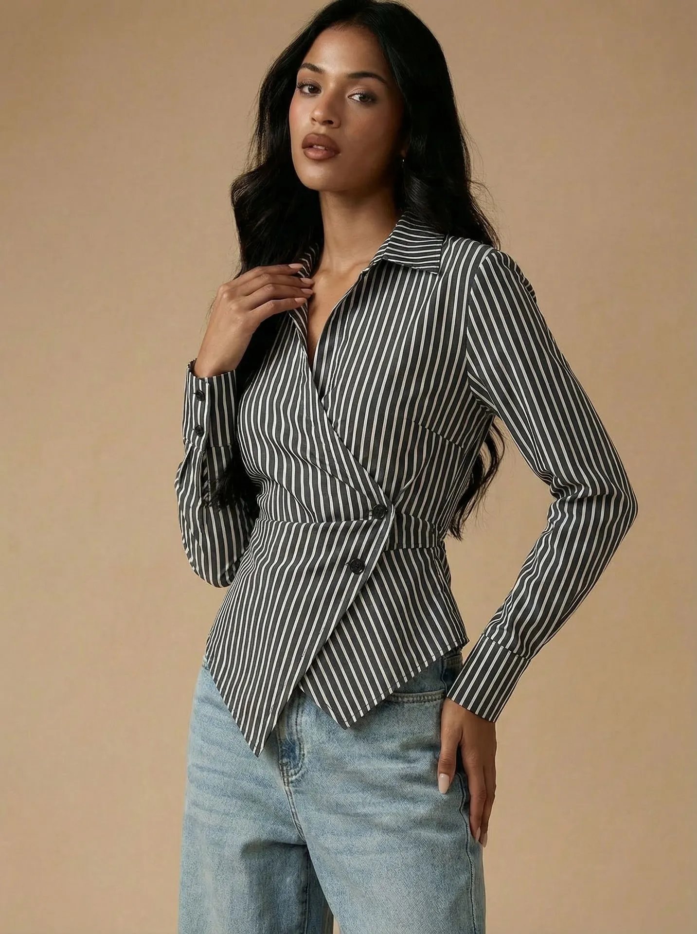 Design Striped Asymmetrical Wrap Shirt Black and White Tops Shirt - 18