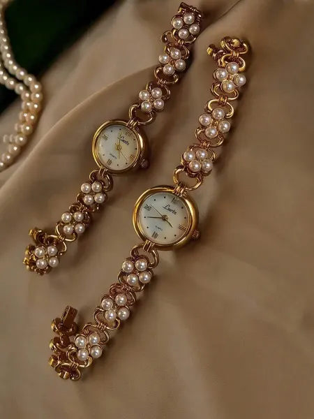 Design Lorus Pearl-Embellished Gold-Tone Quartz Watch Beige Watches - 2