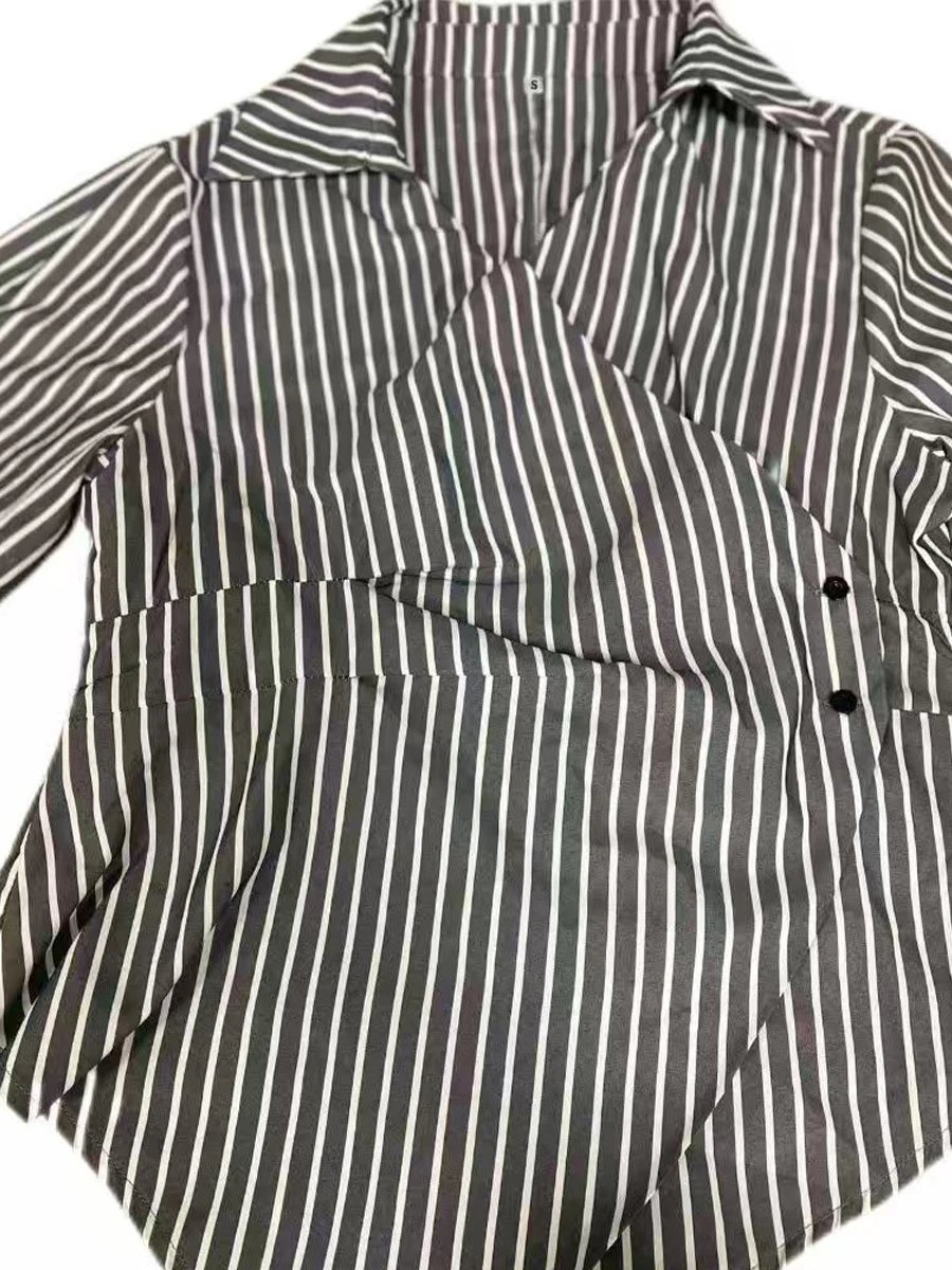Design Striped Asymmetrical Wrap Shirt Black and White Tops Shirt - 20