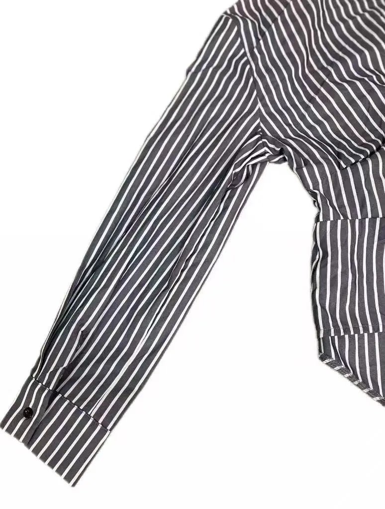 Design Striped Asymmetrical Wrap Shirt Black and White Tops Shirt - 22
