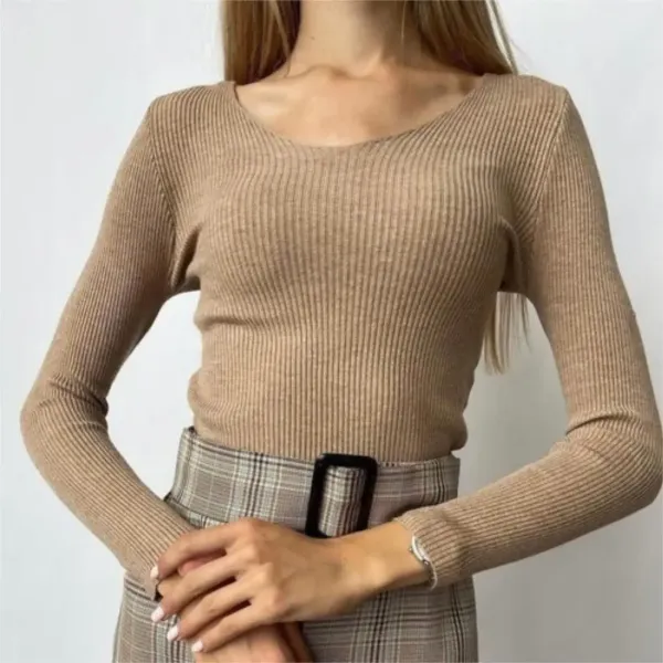 Design Ribbed Knit Scoop Neck Long Sleeve Top Beige Sweater Tops.sweater - 1