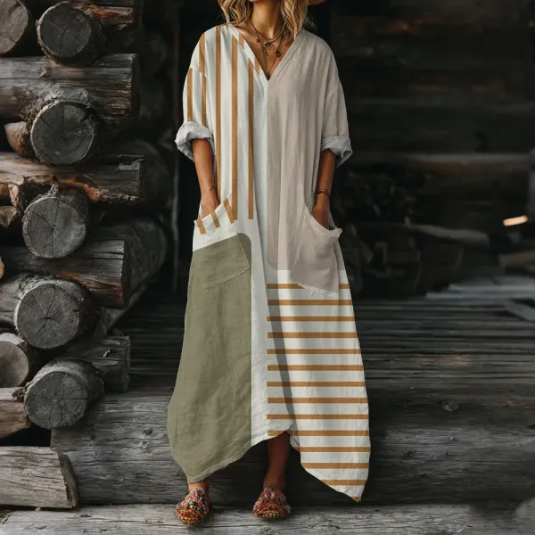 Design Patchwork Striped Linen Maxi Dress Beige Olive Multicolor - 1
