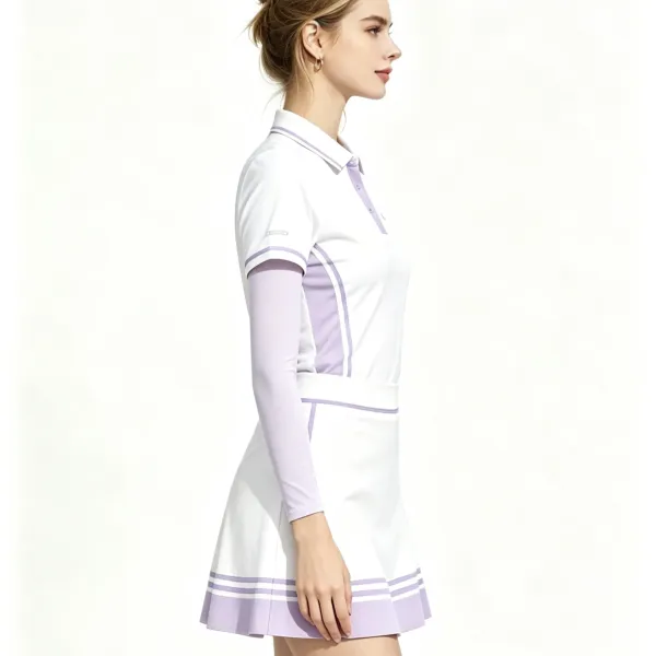 Design White Tennis Polo and Pleated Skirt Set with Gold Trim - 10