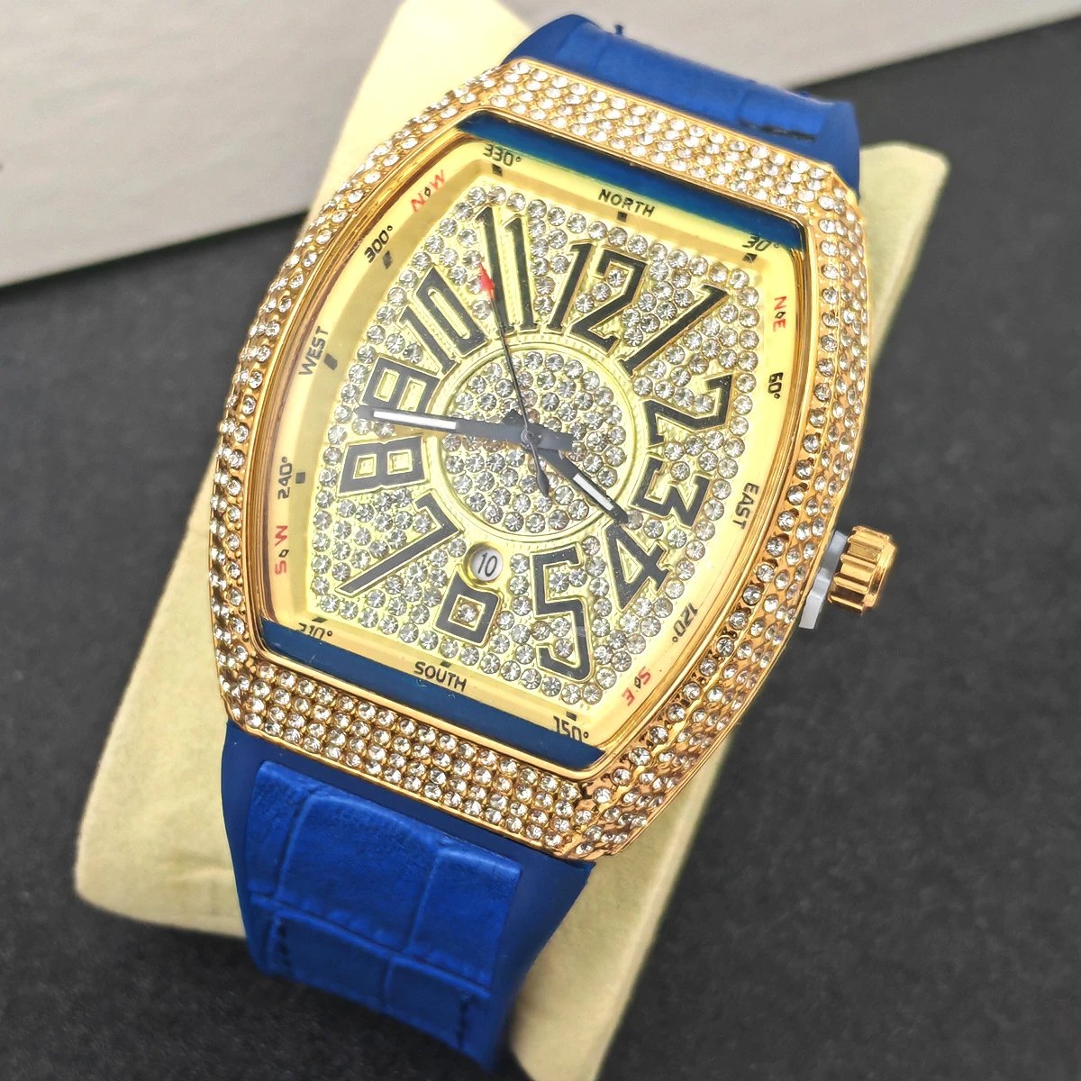 Design Luxury Chrono Diamond-Encrusted Gold Tone Watch with Blue Rubber Strap Watches - 5