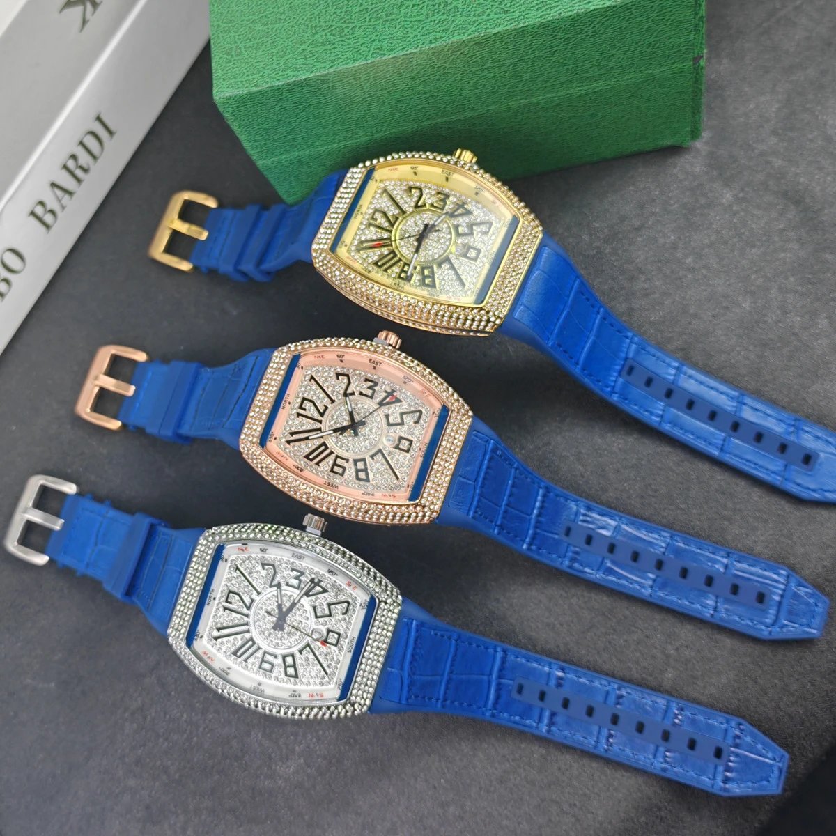 Design Luxury Chrono Diamond-Encrusted Gold Tone Watch with Blue Rubber Strap Watches - 3