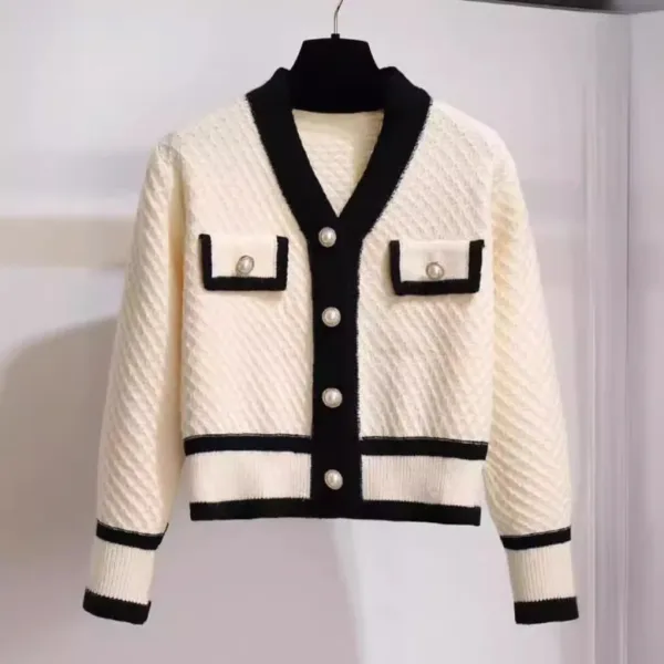 Design Knit Cardigan with Pearl Buttons and Black Trim Ivory Outerwear.cardigan - 1