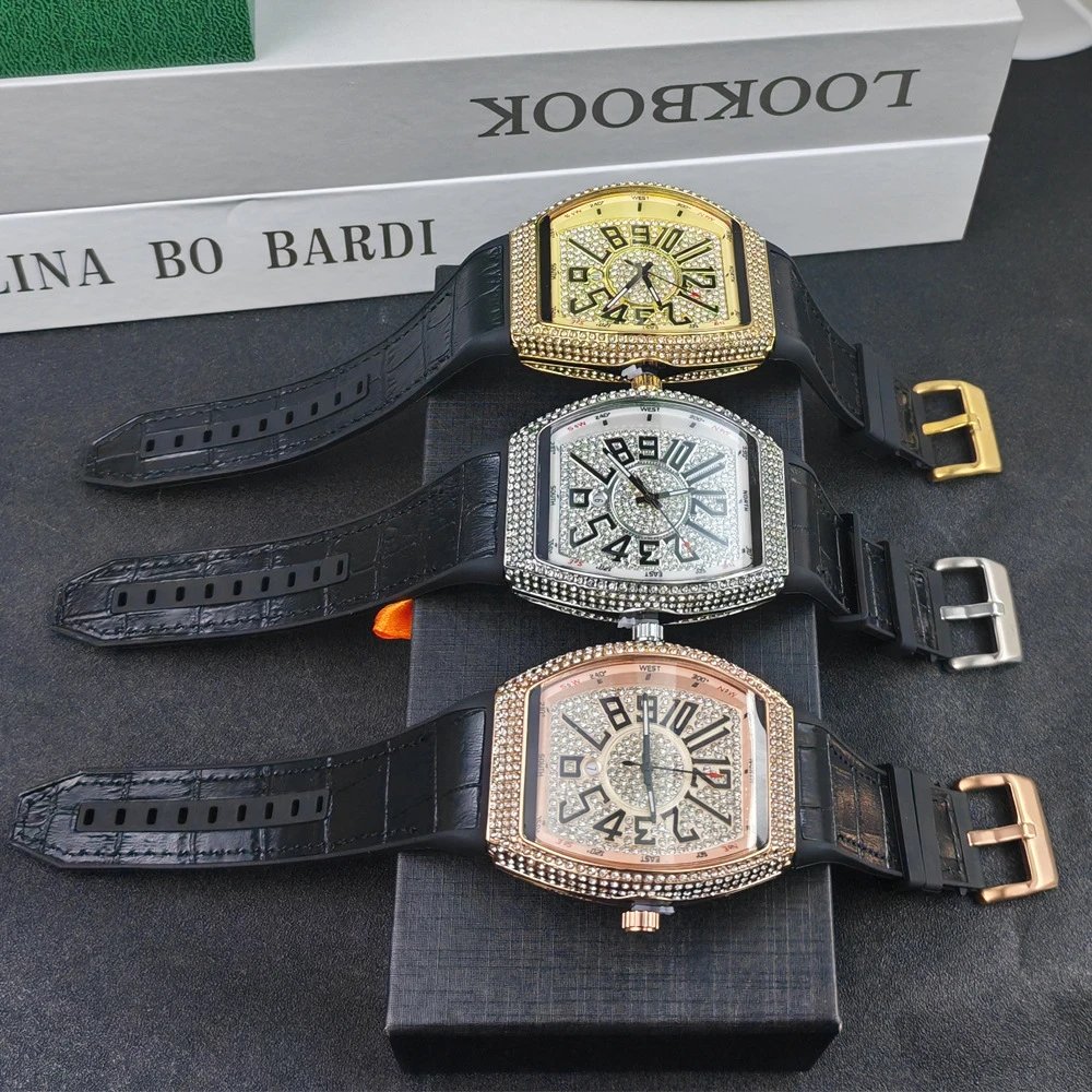 Design Luxury Chrono Diamond-Encrusted Gold Tone Watch with Blue Rubber Strap Watches - 7
