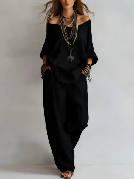 Design Off-Shoulder Flowy Top and Wide-Leg Pants Set Black - 1