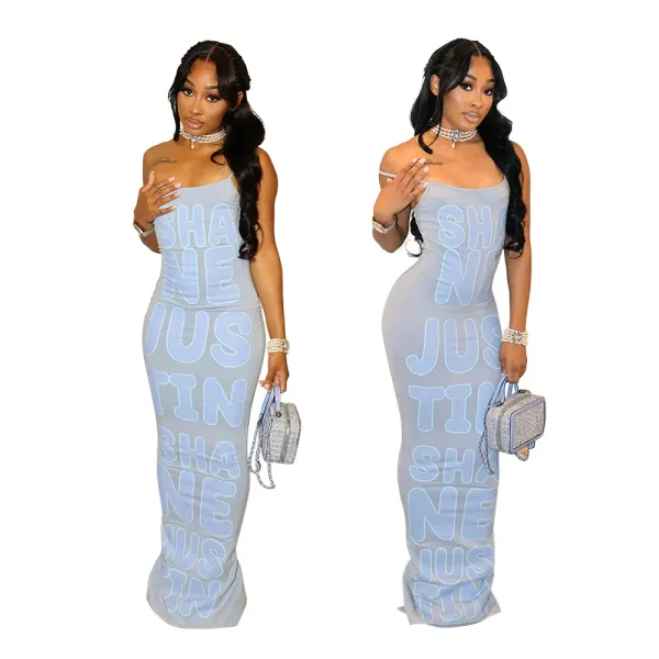 Design Graphic Print Beige Maxi Dress with 'SHANE JUSTIN' Typography - 13