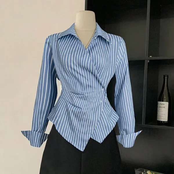 Design Asymmetrical Wrap Shirt Blue and White Striped Shirt Tops Shirt - 1