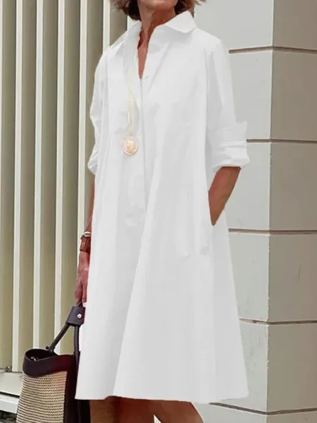 Design White Shirt Dress with Roll-Up Sleeves Dress - 1