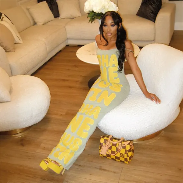 Design Graphic Print Beige Maxi Dress with 'SHANE JUSTIN' Typography - 26