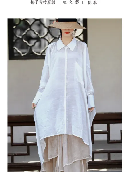 Design Oversized Linen Shirt White + Tiered Skirt Beige + Straw Hat + Woven Bag Handbag - 18