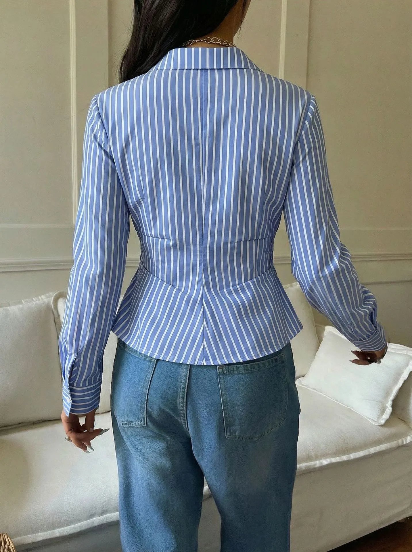 Design Striped Asymmetrical Wrap Shirt Black and White Tops Shirt - 12