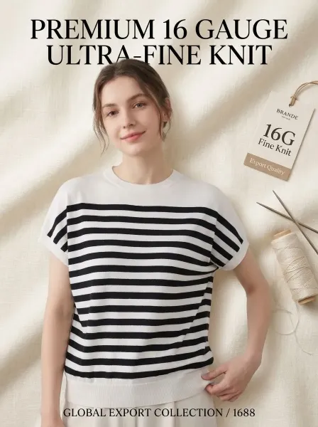 Design Striped Knit Short-Sleeve Sweater White / Black - 6