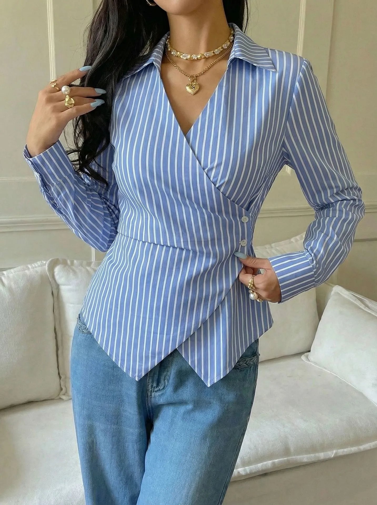 Design Striped Asymmetrical Wrap Shirt Black and White Tops Shirt - 14