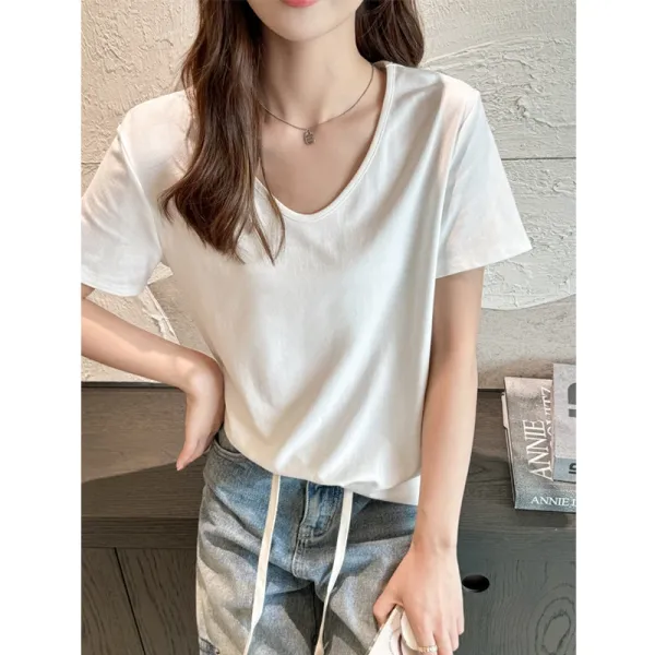 Design V-Neck Relaxed Fit White T-Shirt Tops.t Shirts - 1