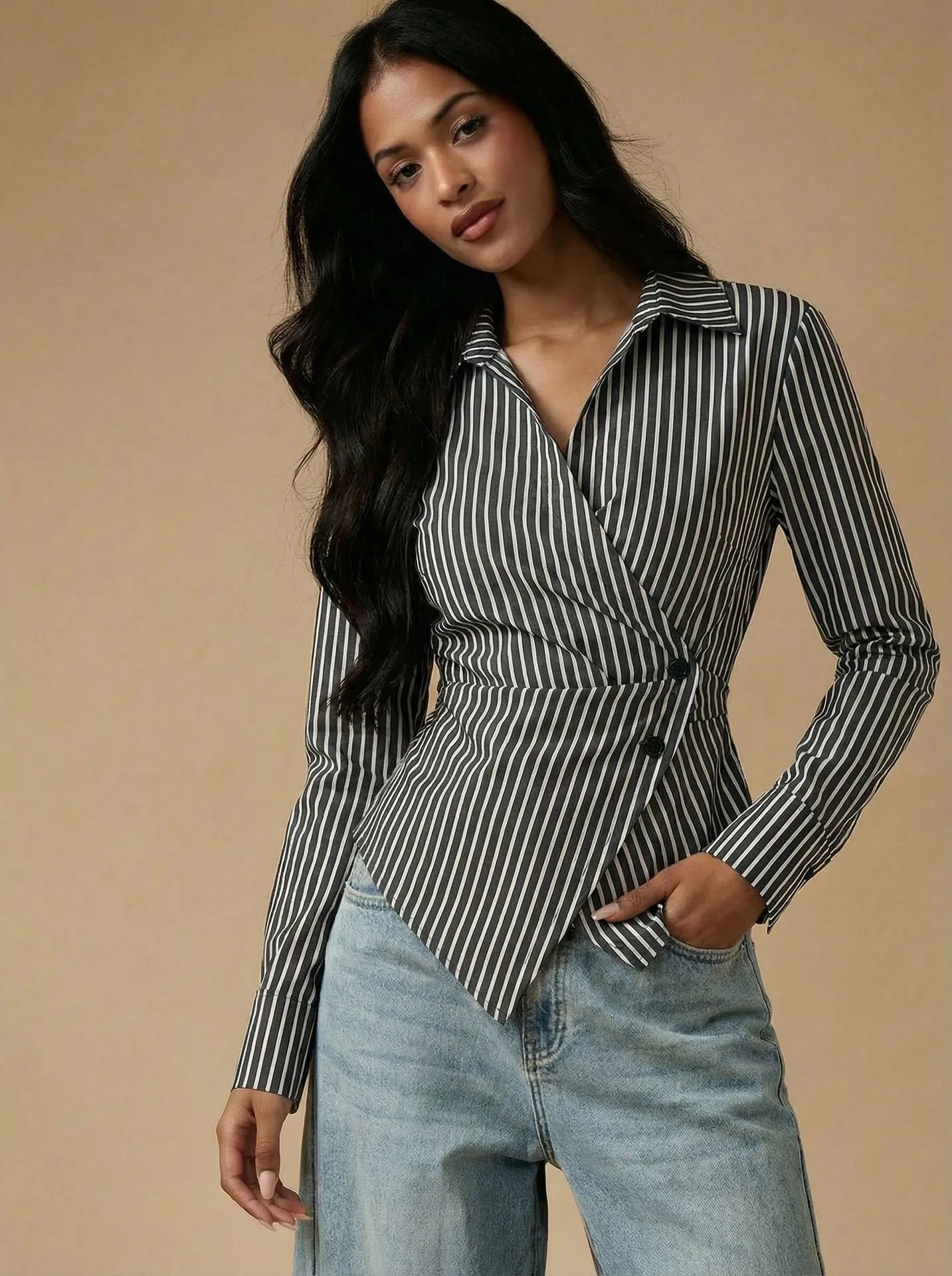 Design Striped Asymmetrical Wrap Shirt Black and White Tops Shirt - 19