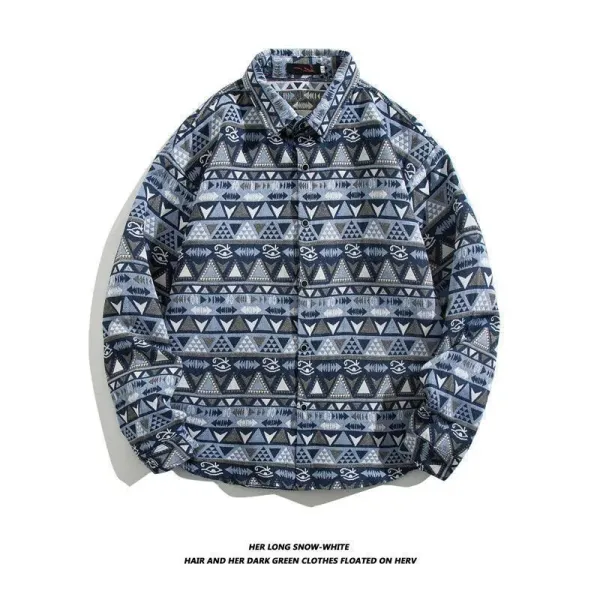 Design Aztec Print Long-Sleeve Button-Up Shirt Black White Tops Shirt - 21