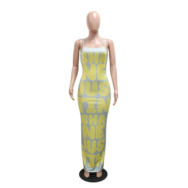 Design Graphic Print Beige Maxi Dress with 'SHANE JUSTIN' Typography - 41