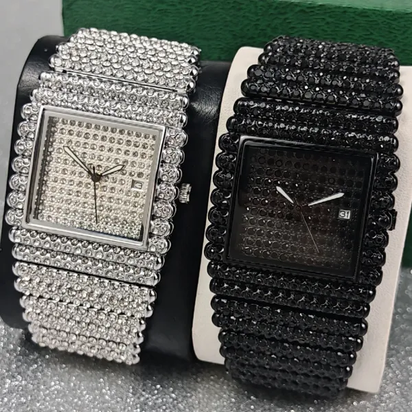 Design Black Pave-Set Square Watch with Diamond-Encrusted Band Watches - 7