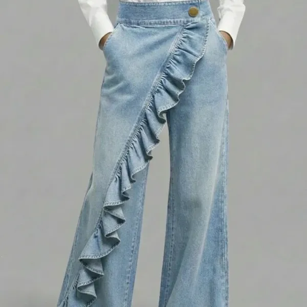 Design Ruffled Asymmetrical Wide-Leg Jeans Light Blue - 1