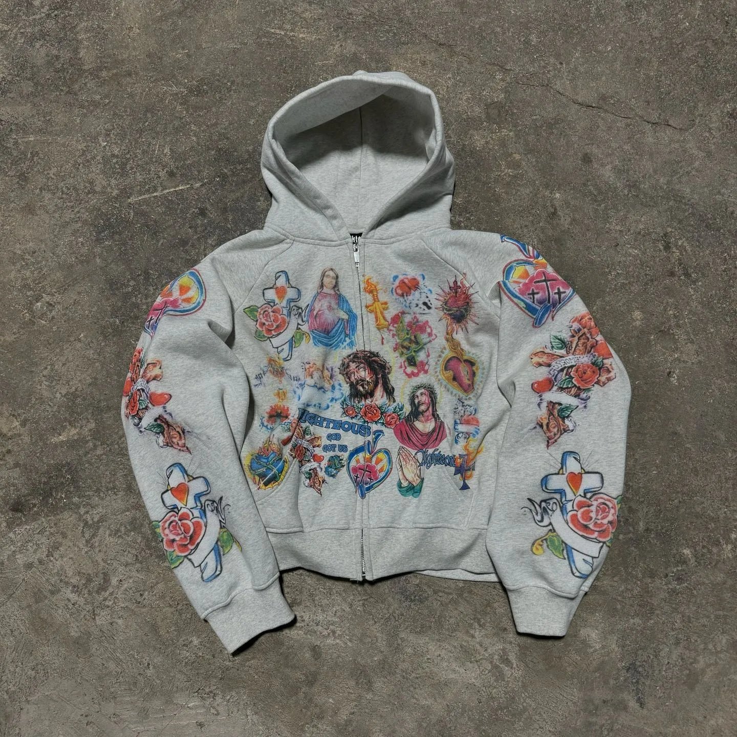 Design Religious Tattoo Print Zip-Up Hoodie Gray - 3