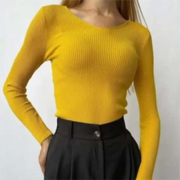 Design Ribbed Knit Long Sleeve Top Yellow Sweater - 1