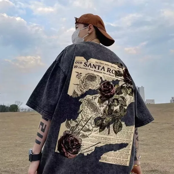 Design Vintage Floral Newspaper Print Oversized T-Shirt Dark Wash Tops.t Shirts - 1