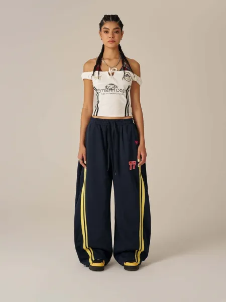 Design Wide-Leg Track Pants with Yellow Stripes and '77' Embroidery Navy Sweatpants - 7